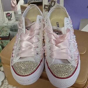 Converse Women's Pink and Gold Embellished Blinged Sneakers